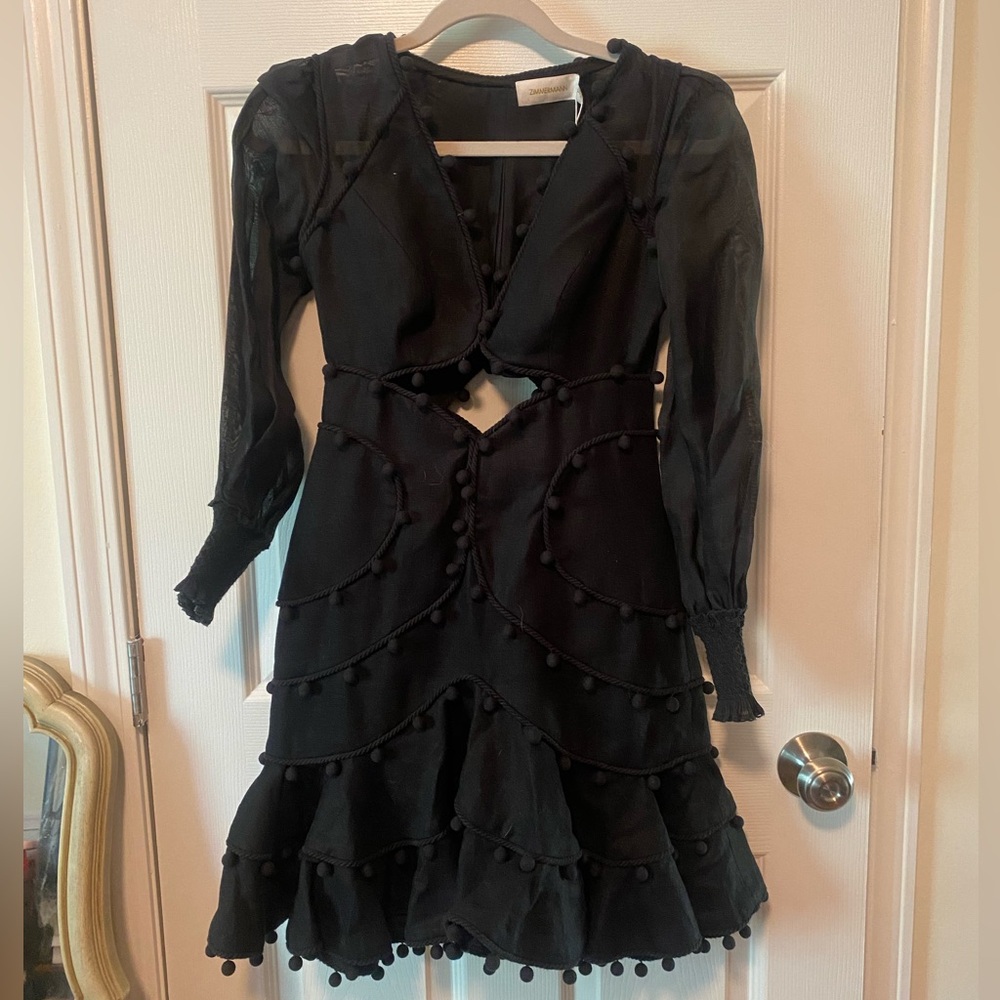 Zimmermann Corsage Bauble Pompom-embellished Linen Mini Dress Black | AU 0, US 4